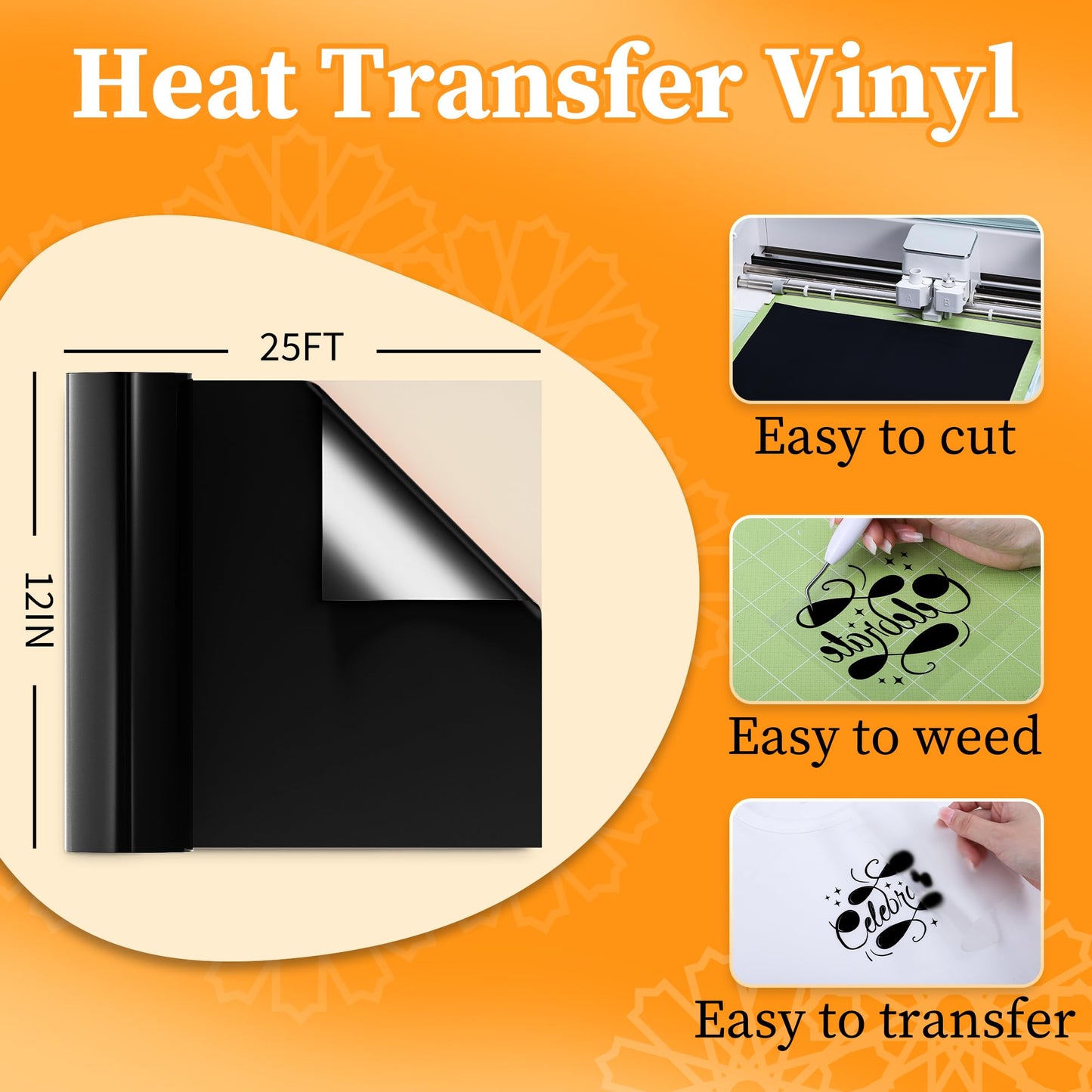 LOFFA HTV Heat Transfer Vinyl, Black HTV Roll 12'' X 25FT Iron on Vinyl Compatible with Cricut Machines, HTV Vinyl for T-Shirts