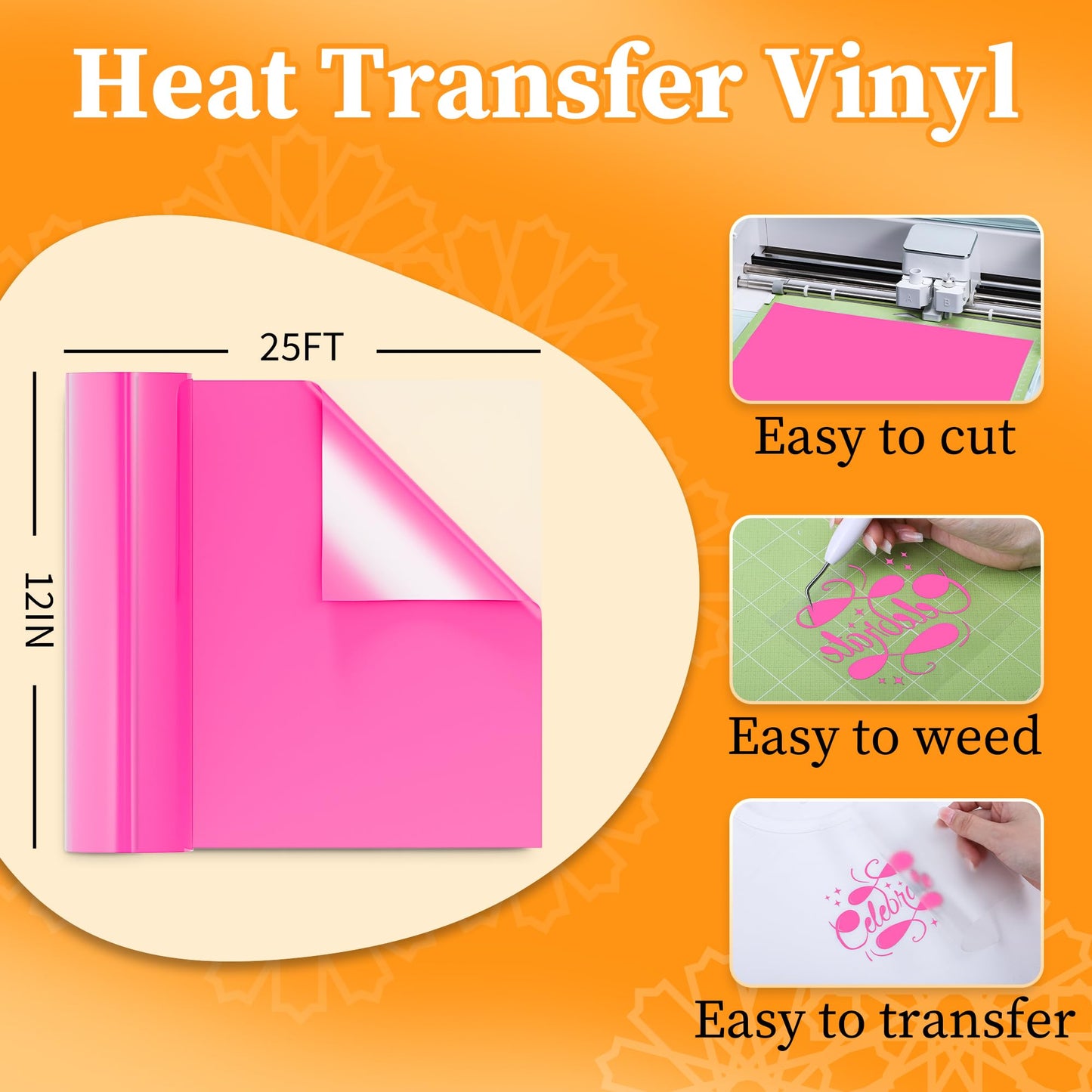 LOFFA HTV Heat Transfer Vinyl, 12'' X 25ft Pink Iron on Vinyl DIY for T-Shirts, Compatible with Cricut Machine