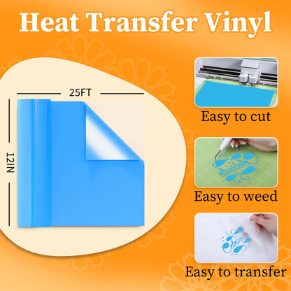 LOFFA Heat Transfer Vinyl, Light Blue HTV Vinyl - 12'' X 25ft Iron on Vinyl Compatible with Cricut Machines, DIY HTV for T Shirts