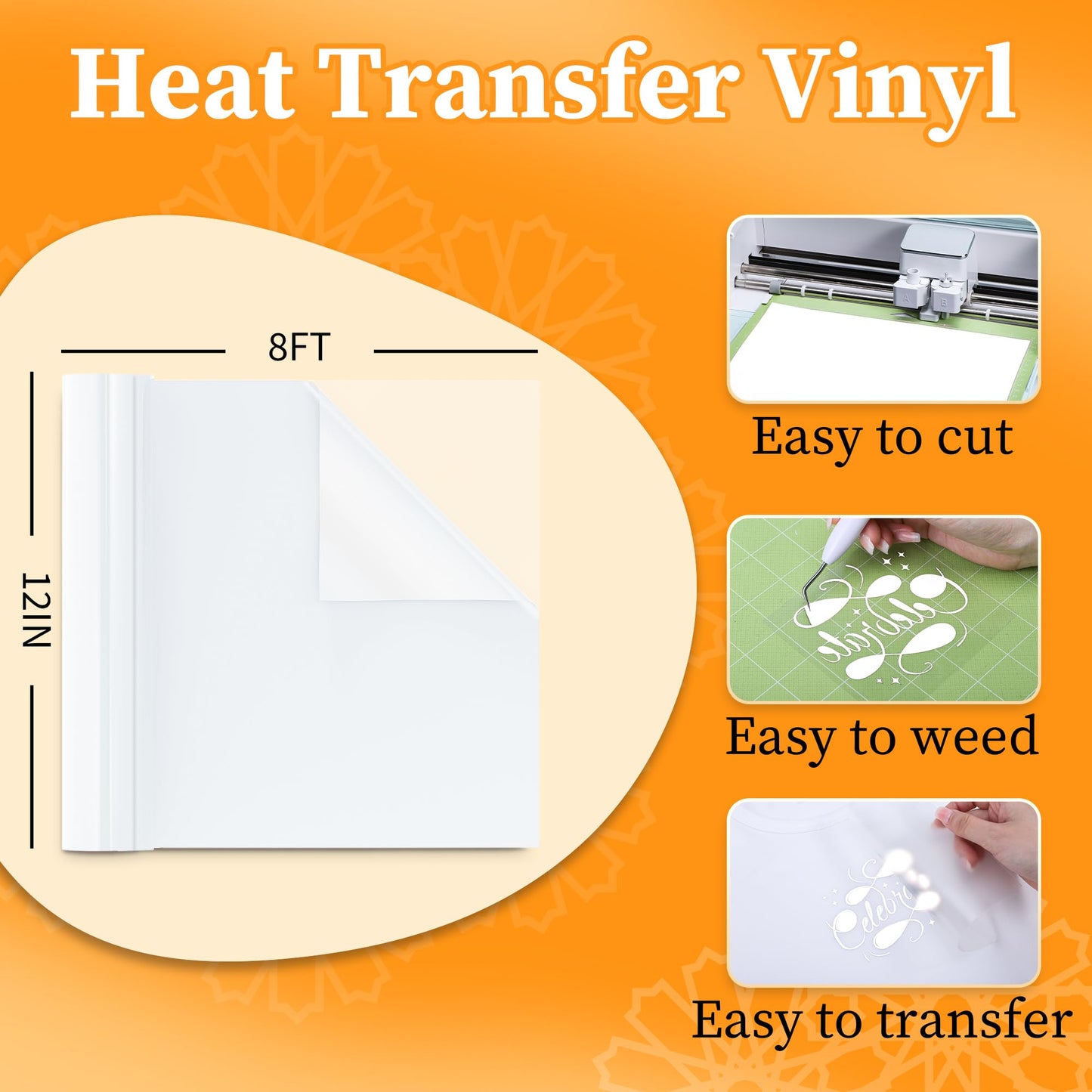 LOFFA HTV Heat Transfer Vinyl - White HTV No Peeling, 12'' X 8ft Iron on Vinyl DIY for T-Shirts, Compatible with Cricut Machine